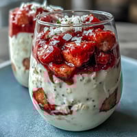 Vibrant strawberry coconut cream overnight oats with juicy berries and creamy coconut milk, topped with shredded coconut and yogurt.