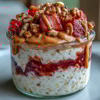 Creamy overnight oats with peanut butter, strawberry jam, and crunchy peanuts—perfect for a protein-packed breakfast.