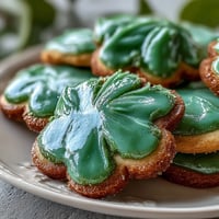 Shamrock-shaped sugar cookies with glossy green royal icing, perfect for festive St. Patrick's Day celebrations.