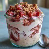 Strawberry cheesecake overnight oats with graham cracker topping in a mason jar, garnished with fresh berries and a sprinkle of crushed crackers.