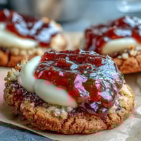 Clotted cream and strawberry jam thumbprint cookies with golden edges and jammy centers, perfect for teatime.