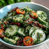 Crisp cucumber radish salad with dill vinaigrette, featuring fresh vegetables and a tangy herb dressing.  
