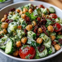 Healthy Easy Cucumber Chickpea Salad with Lemon Vinaigrette in a white bowl, showcasing crisp cucumbers, hearty chickpeas, and vibrant herbs.