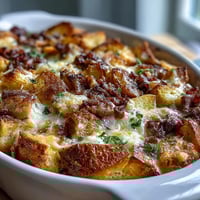 Amish breakfast casserole with hash browns, eggs, and sausage in a golden, cheesy bake.