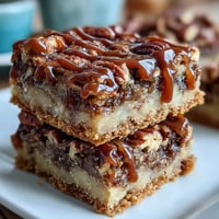 Kentucky Derby Pecan Pie Bars with Bourbon Glaze on a white plate, golden crust topped with glossy pecan filling and drizzled bourbon glaze, served at a festive gathering.
