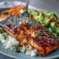15-Minute Teriyaki Salmon Bowl glossy with vibrant glaze, ready to serve.