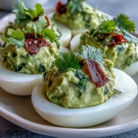 Creamy guacamole stuffed into deviled eggs for a fresh twist on a classic appetizer, garnished with cilantro and smoked paprika.