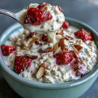 Creamy strawberry vanilla overnight oats with fresh berries, a perfect healthy breakfast.