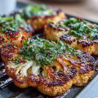Smoky BBQ cauliflower steaks with chimichurri, grilled until tender and topped with vibrant herb sauce.  