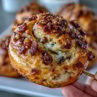 Delicious Derby Party olive cheese balls on skewers, golden cheddar dough wrapped around green olives, perfect for festive gatherings.