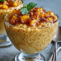 Creamy mango chia pudding topped with fresh, vibrant diced mango.