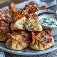 Golden pan-fried crispy cabbage dumplings with a savory filling, ready to dip.