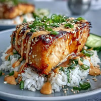 Spicy Mayo Salmon Rice Bowl: Fluffy rice topped with tender salmon and creamy, zesty sauce.