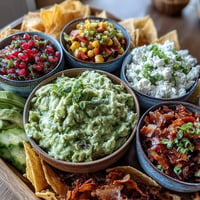 Vibrant guacamole bar with five colorful toppings and crunchy tortilla chips.