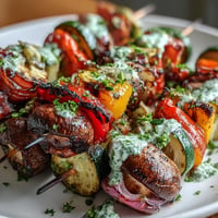 Colorful grilled veggie kabobs with vibrant chimichurri sauce, ready to serve.